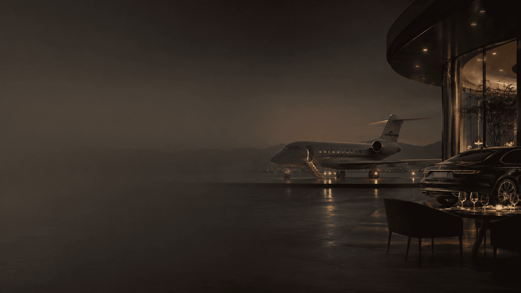A private jet on the tarmac at dusk, viewed from a lounge with a chauffeured car and dining table